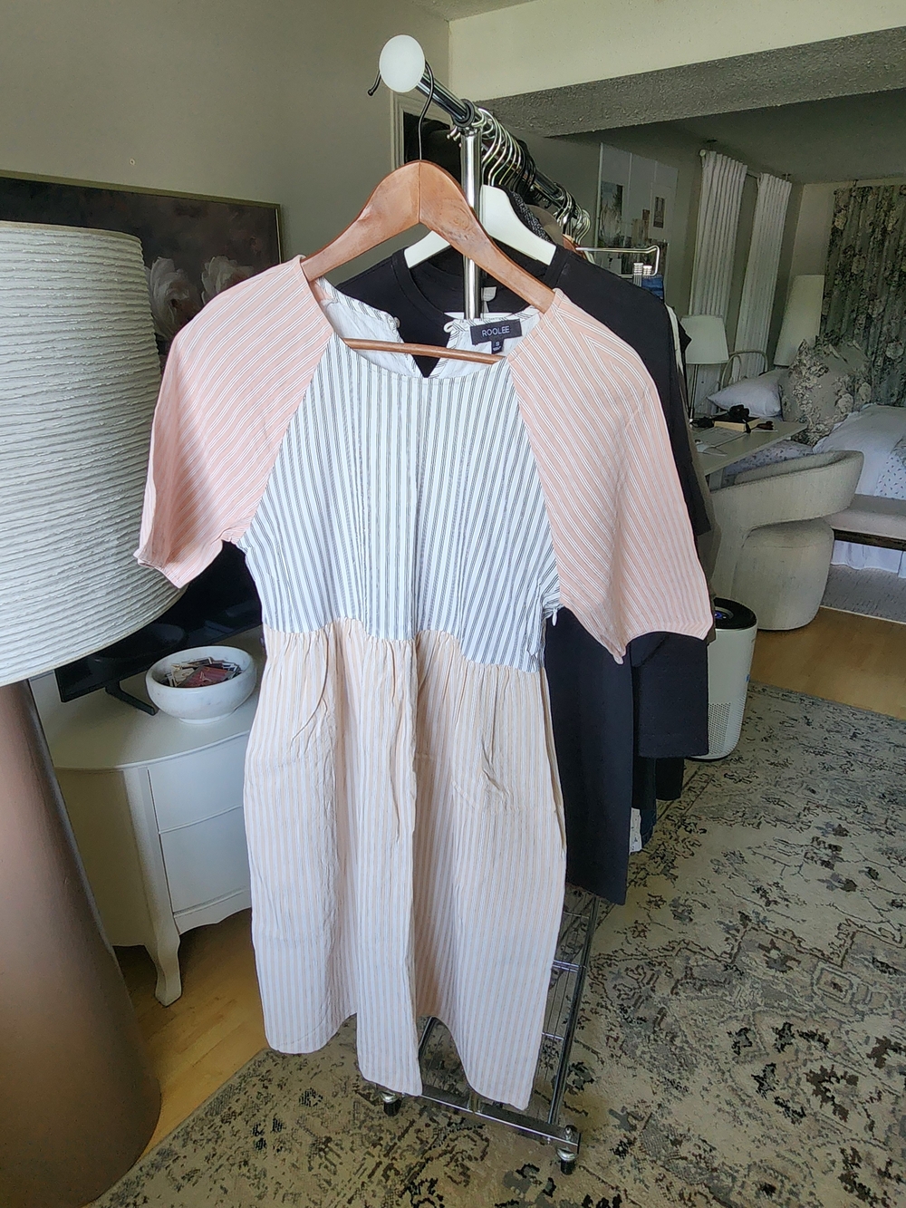 Striped Short Sleeve Dress in Blush, Beige, Navy And White